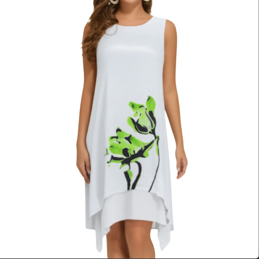 Tendency Sleeveless White Green Floral Gauze Dress Women’s Size Large